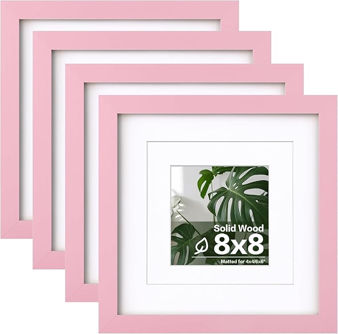 Egofine 8x8 Picture Frames with Plexiglass, Display Pictures 4x4/6x6 with Mat or 8x8 Without Mat Set of 4 for Tabletop and Wall Mounting, Pink