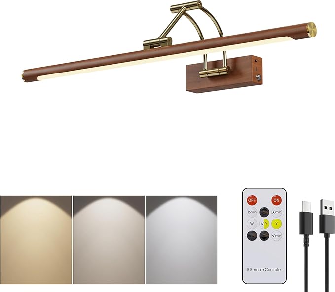 Wireless Picture Lights for Wall Rechargeable,16.1" Battery Operated Art Light for Paintings,3CCT Dimmable with Remote,Rotatable Gallery Light for Pictures Display,Wood Grain