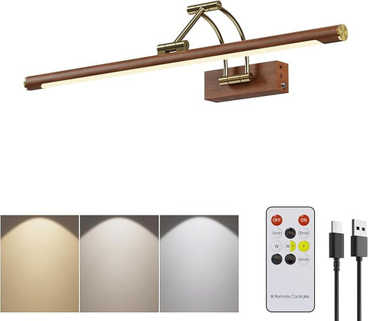 Wireless Picture Lights for Wall Rechargeable,16.1" Battery Operated Art Light for Paintings,3CCT Dimmable with Remote,Rotatable Gallery Light for Pictures Display,Wood Grain