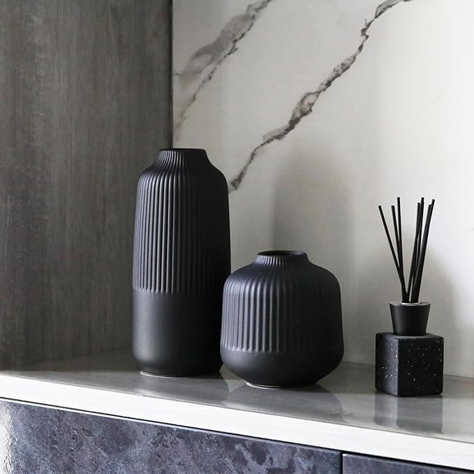 Black Ceramic Vase for Flowers, 6 Inch Flower Vases Home Decor, Black Boho Vases for Pampas Grass, Vase for Centerpieces Living Room Table Entryway Shelf
