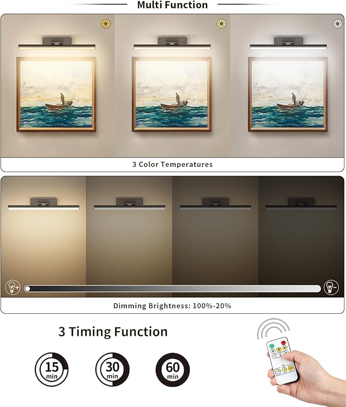 JUSHENG Battery Operated Picture Light with Remote and Timer, Wireless Art Light with Swing Arm, Rechargeable Gallery Lighting Display Light for Frame Artwork-Brushed Grey 16'' Inch