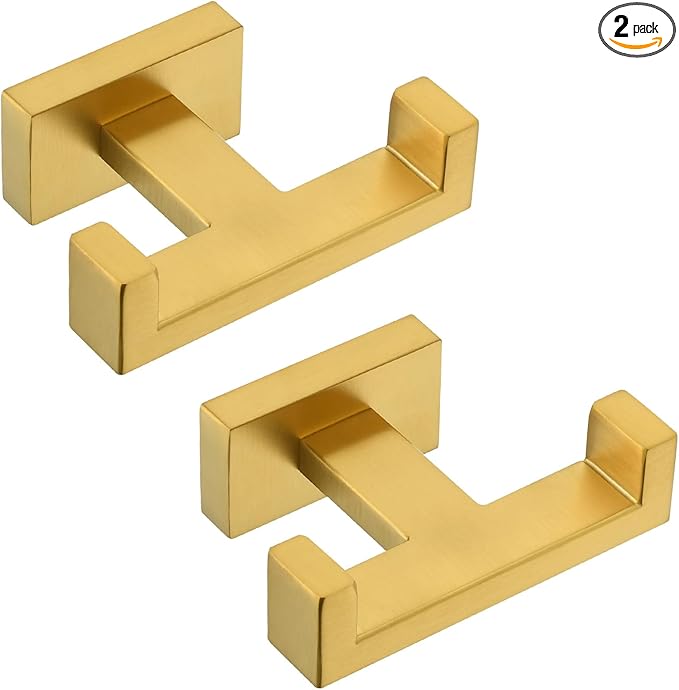 Angle Simple Double Towel Hook Brushed Gold 2 PCS, SUS304 Stainless Steel Bathroom Hand Towel Holder, Double Robe Hook for Wall