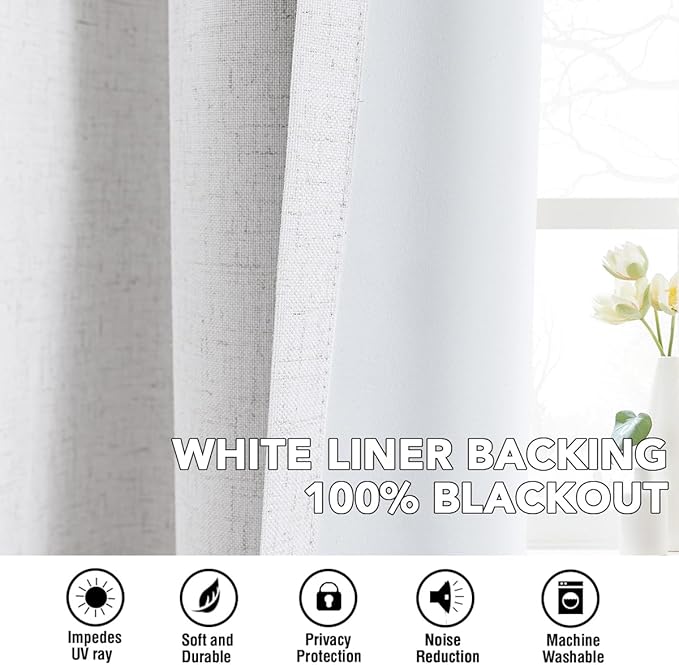 H.VERSAILTEX Linen Curtains 100% Blackout Curtains for Bedroom 96 inch Long Full Light Blocking Nature Linen Blended Window Curtains for Living Room Nickel Grommet (2 Panels, Heathered White)