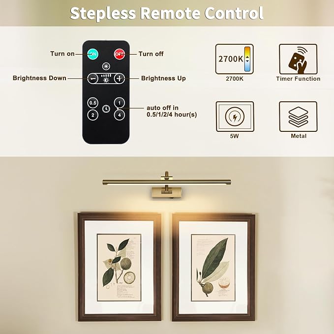 Wireless Picture Lights with Remote and Timer Rechargeable Brass Gallery Lighting Battery Operated Art Lights Over Frame Portrait 5W 24'' Inch Warm White