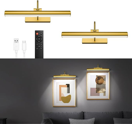 Cordless Picture Light for Wall, Battery Operated Art Light with 3CCT Dimmable, 5200mAh Battery Wall Sconce with Remote & Timer, 13in LED for Paintings, Gallery Artwrok, Picture Display - 2Pcs Golden
