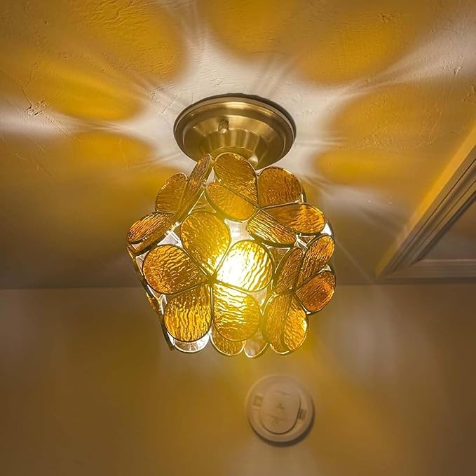 Bieye S10751 Tiffany Style Stained Glass Flower Petal Lampshade (Textured Amber, 8" Cherry Blossom)