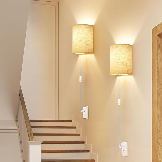 Plug in Wall Sconces Set of Two: Wall Lights with On/Off Switch - Stepless Color Temperature Wall Mount Lamps - Fabric Linen Wall Sconce for Bedroom Living Room & Hallway- Indoor Corded Wall Sconces