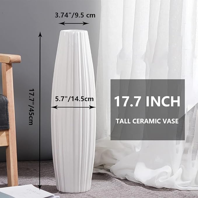 White Ceramic Vase, 17.7" Tall Floor Vase Large Flower Vases Decorative Vases for Modern Home Decor Living Room Office Bedroom Table Centerpieces Shelf Kitchen Wedding Farmhouse Décor