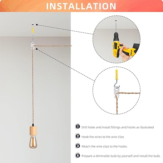Arturesthome Wood Pendant Light Cord Kit with Switch,16.4FT Vintage Industrial Hanging Light Plug in Lamp Cord with Twisted Nylon Rope Pendant Lights Socket E26 E27 for Farmhouse Lamp Cable Retro DIY