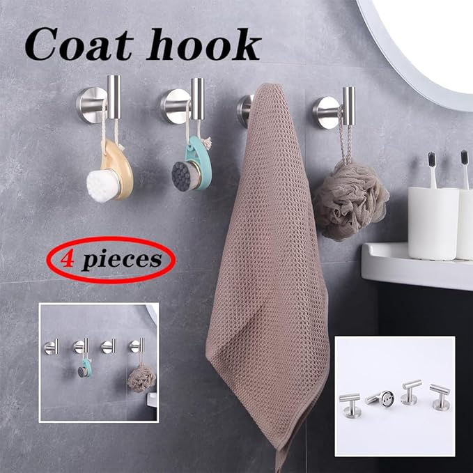 GERZWY Bath Towel Hook SUS 304 Stainless Steel Coat/Robe Clothes Hook for Bath Kitchen Modern Hotel Style Wall Mounted 4 Pack Brushed Finish AG1307B-LS