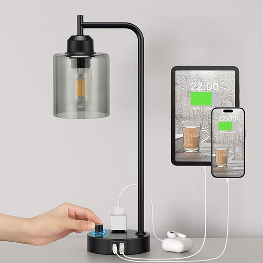 Industrial Bedside Desk Lamps for Bedroom - Grey Smoked Glass Shade Table Lamp with USB C Port, Fully Dimmable Small Lamps with USB Port and Outlet, Reading Nightstand Lamps for Office Living Room