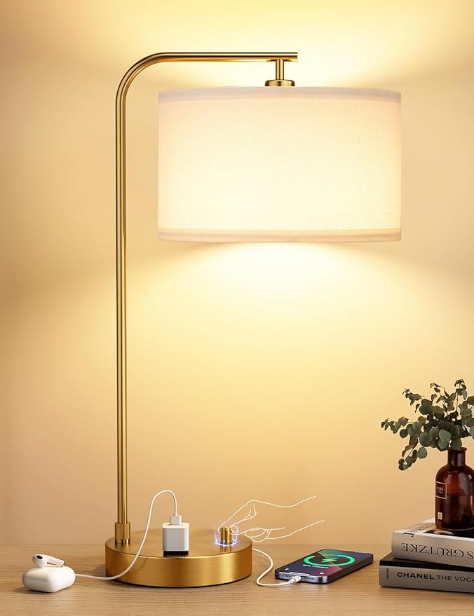 Gold Table Lamp with USB Port and Outlet, Dimmable Nightstand Bedside Lamps with Linen Lampshade, Desk Lamp for Bedroom, Living Room, Guest Room, Home Office, LED Bulb Included