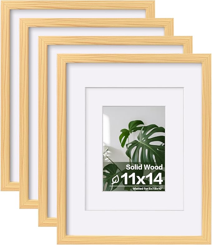 Egofine 11x14 Picture Frames Natural Wood Frames with Plexiglass, Display Pictures 5x7/8x10 with Mat or 11x14 Without Mat Set of 4 for Tabletop and Wall Mounting