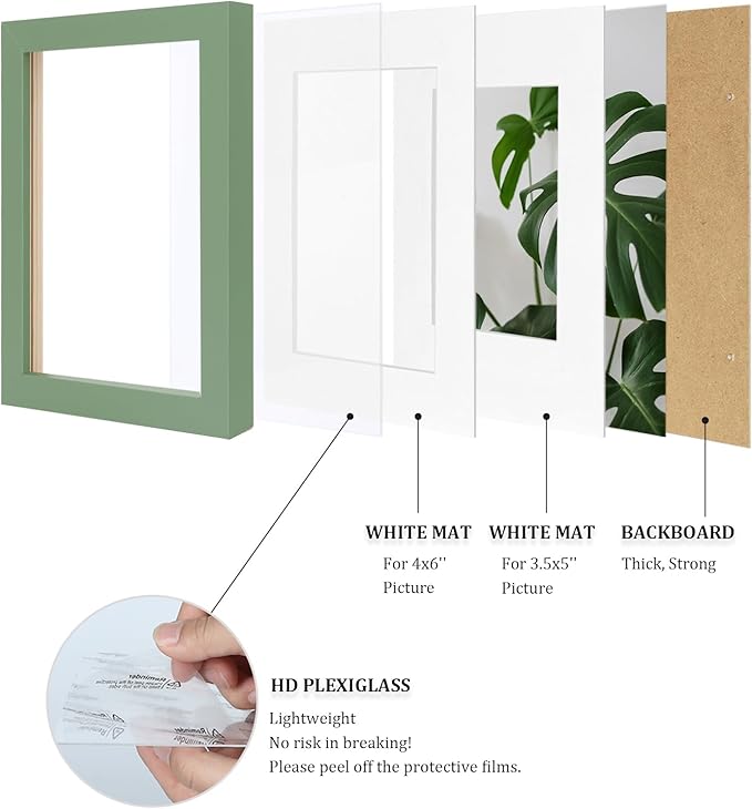Egofine 4x6 Picture Frames 4PCS Covered by Plexiglass for Picture 3.5x5 with Mat or 4x6 whitout Mat Made of Solid Wood for Table Top Display and Wall Mounting Photo Frame, Green