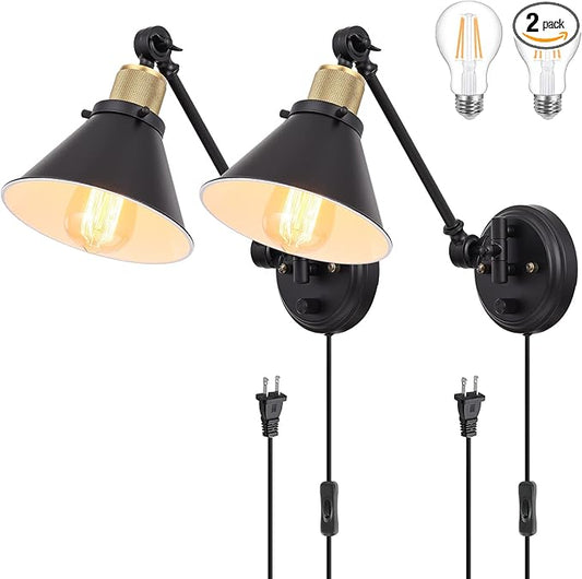 TRLIFE Wall Sconce Plug in, Dimmable Wall Sconces Swing Arm Wall Lights with Plug in Cord, Wall Mounted Light with Dimmer On/Off Knob Switch, UL Listed(2 Pack, 2 Bulbs Included)