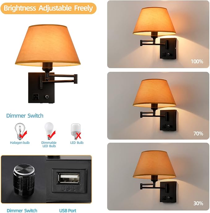 Swing Arm Wall Sconces, Plug-in Wall lamp,Bedroom Wall lamp ， White Fabric Shade with dimmable Switch and USB Charging Port,Suitable for Bedside,Living Room,Reading (Black. Gold Shadow)