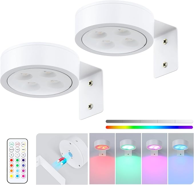 2Pcs Picture Lights for Wall, 13 Color RGB Magnetic Led Art Display Light for Picture Frame, Wireless Battery Operated Painting Light with Remote Control, Party Home Wall Decor Puck Lights, White