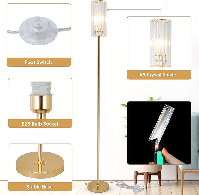 HMVPL Gold Floor Lamp for Living Room, Brass Pole Standing Lamp with K9 Crystal Shade, Modern Corner Standing Lamp for Bedroom with On/Off Switch, Elegant Crystal Tall Lamp for Office Kids Girls Room