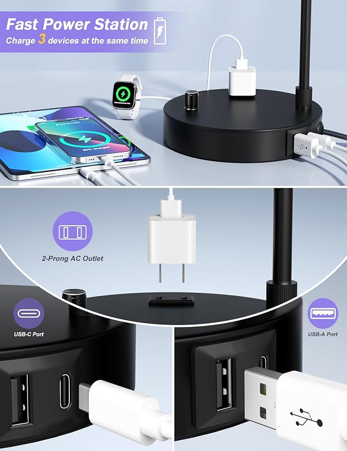 Tall Table Lamp with USB Port and Outlet, Dimmable Nightstand Bedside Lamps with Linen Lampshade, Desk Lamp for Bedroom, Living Room, Guest Room, Home Office, LED Bulb Included