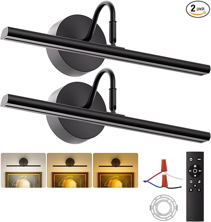 Picture Lights for Wall 16.5" 2PCS Hardwired LED Wall Lights with Remote, CCT Dimmable Art Poster Photo Light for Portrait Painting Artwork, Room Decor, 15W, 2700K-6500K, 1200LM, Black