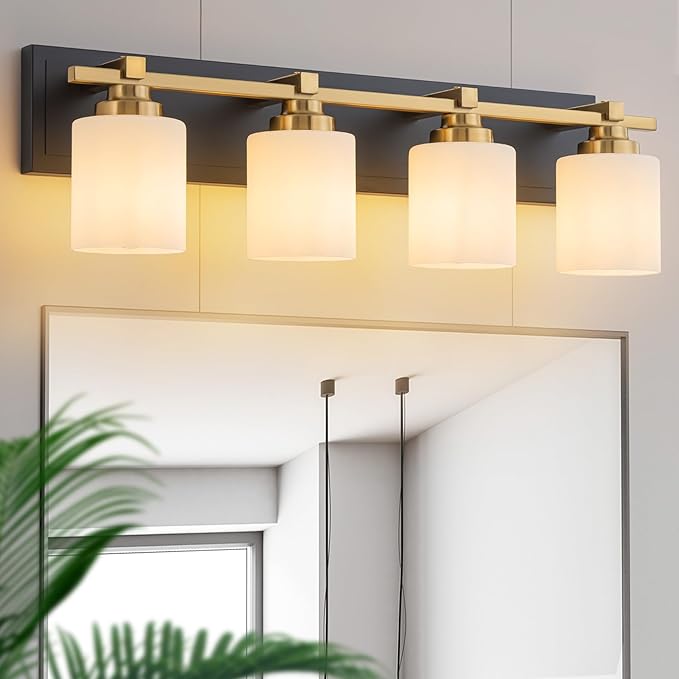 4 Light Modern Bathroom Light Fixtures Over Mirror, Black Gold Vanity Lights for Bathroom Wall Sconces with Milky White Glass Shades, E26 Socket (Bulbs Not Included)