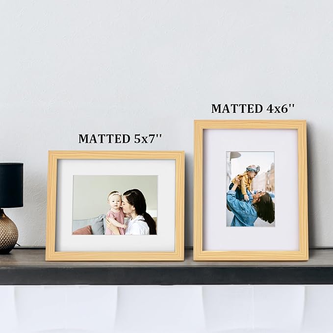 Egofine 8x10 Picture Frames Natural Wood Frames with Plexiglass, Display Pictures 4x6/5x7 with Mat or 8x10 Without Mat Set of 4 for Tabletop and Wall Mounting