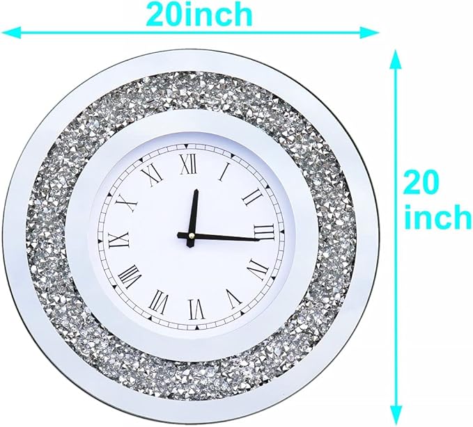 DMDFIRST Silver Round Mirror Clock 20x20inches Crystal Sparkle Twinkle Bling Crush Diamond Mirrored Large Wall Clock for Wall Decoration Silver Glass Mirror Home Décor. AA Battery is not Included.