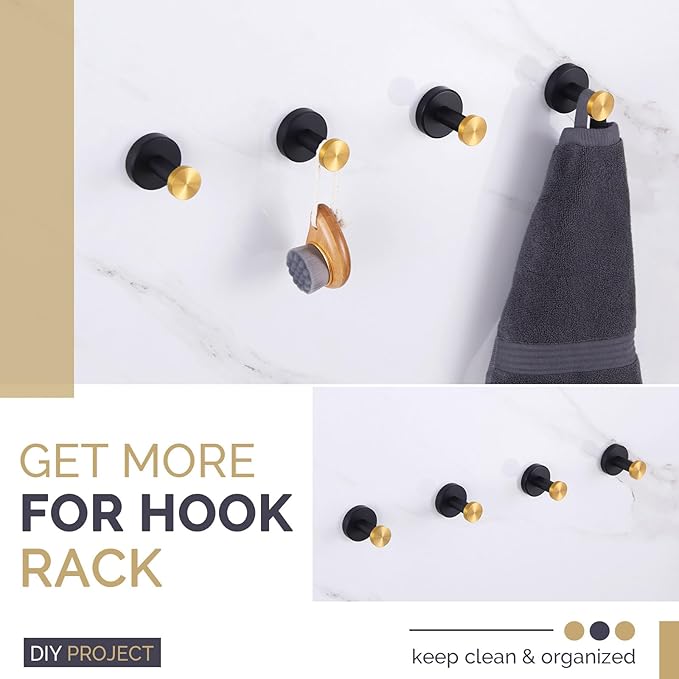 Angle Simple Hand Towel Holder Black & Gold 2 PCS, Stainless Steel Bath Towel Hook, Bathroom Robe Hanger Wall Mount