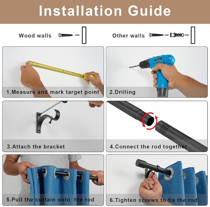 Matte Black Curtain Rod for Window 28-121", Adjustable 1-Inch With Cap Finials, Decorative Window Treatment Splicing Drapery Rod