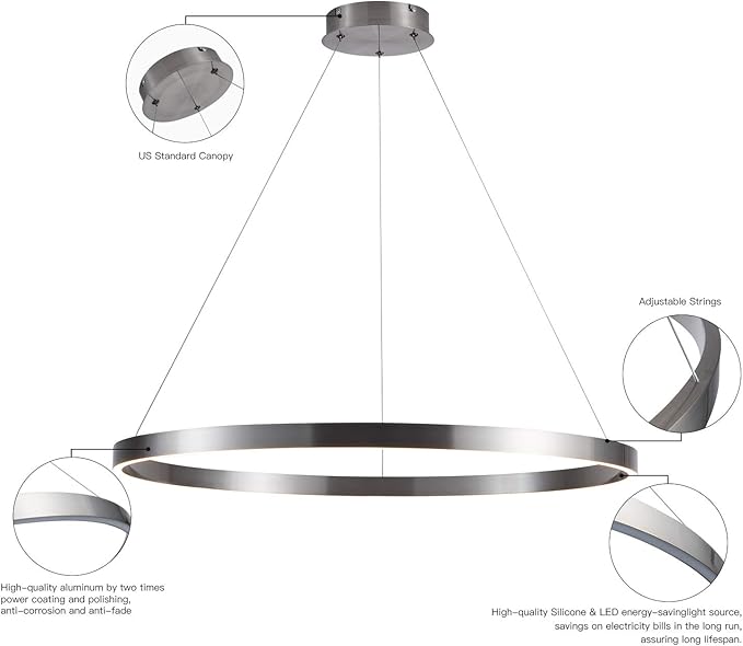 MADEM 31.5'' LED Modern Chandelier 1-Ring Circular Dimmable Pendant Light Flush Mount Pendant Lighting Adjustable for Living Room Dining Room, Bedroom, 3000K Warm White, Brush Nickel