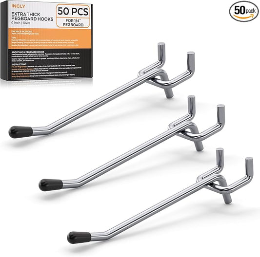 INCLY 50 Pack 4 Inch Pegboard Hooks, 1/4" Heavy Duty Peg Board Hooks Accessories with Rubber Tipped, Peg Board Tool Hangers Fit 1/4" Pegboard for Hanging Tools Garage, Craft Room, Kitchen, Store
