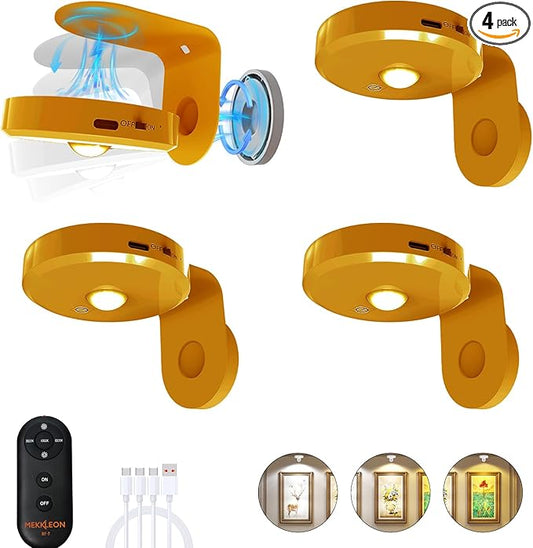 Picture Lights for Wall Wireless with Magnetic,2000mAh Rechargeable Picture Frame lights with Dimmable,Puck Lights with Remote Control,Art Lighting for Paintings,Counter, Shelf,Bookcase(4 Pack,Gold)