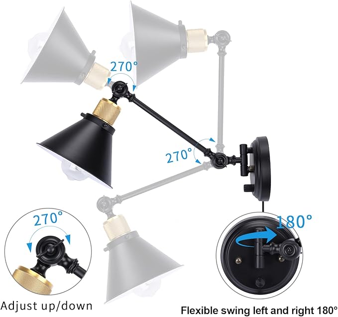 TRLIFE Wall Sconce Plug in, Dimmable Wall Sconces Swing Arm Wall Lights with Plug in Cord, Wall Mounted Light with Dimmer On/Off Knob Switch, UL Listed(2 Pack, 2 Bulbs Included)