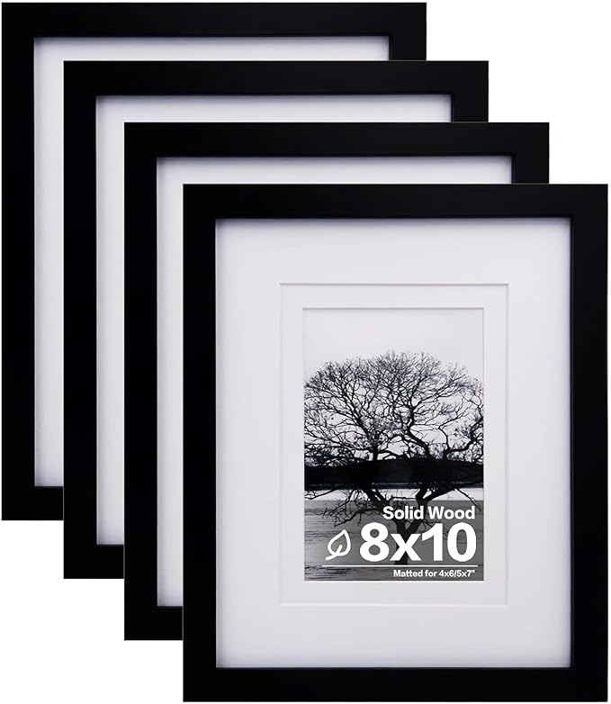 Egofine 8x10 Picture Frames 4PCS, Made of Solid Wood Display 4x6 and 5x7 with Mat Covered by Plexiglass, for Table Top Display and Wall Mounting Photo frame, Black with Texture