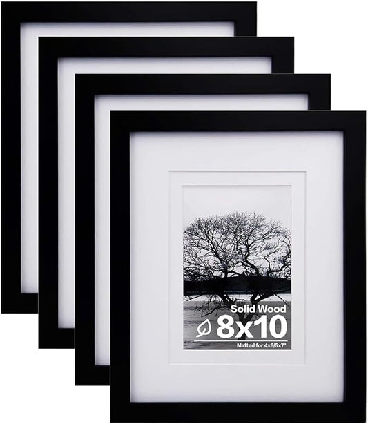 Egofine 8x10 Picture Frames 4PCS, Made of Solid Wood Display 4x6 and 5x7 with Mat Covered by Plexiglass, for Table Top Display and Wall Mounting Photo frame, Black with Texture