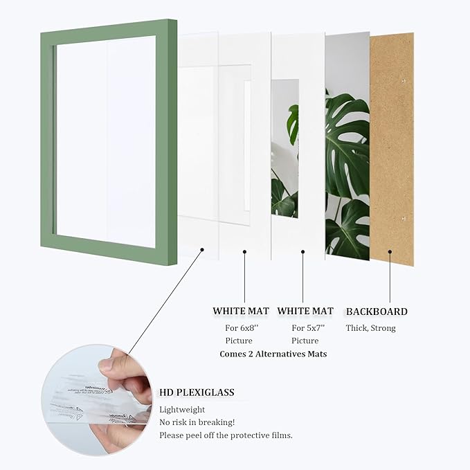 Egofine 9x12 Picture Frames 4PCS Covered by Plexiglass, Wood Frames for Pictures 5x7/6x8 with Mat or 9x12 without Mat, Tabletop and Wall Mounting Display, Green