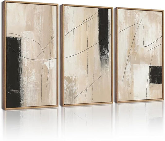 KUVIOKE Abstract Framed Wall Art Minimalist Beige Pastel Watercolor Neutral Wall Decor Modern Black Line Art Painting Home Decor 16x24in (Natural Framed)