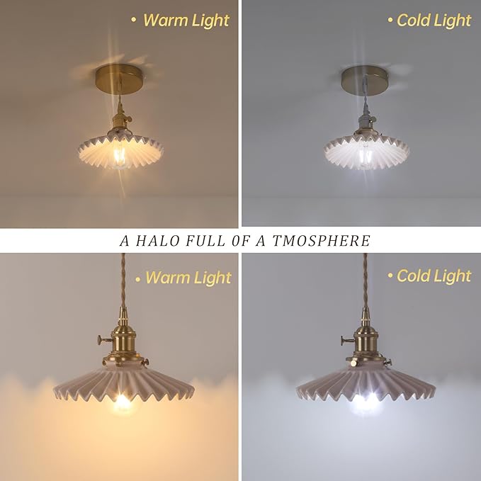 Pendant Light 2 Pack with Pink Pleated Ceramic Lmapshade, Brass Vintage Pendant Light Adjustable Hanging Light for Kitchen Island Dining Room Hallway