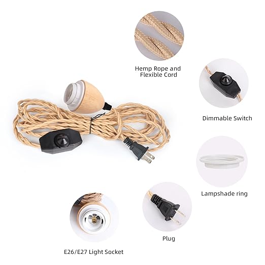 Arturesthome 16.4FT- Pendant Light Cord Hanging Light Kit with Dimmable Switch Vintage Lamp Cord with Twisted Nylon Lights Socket E26 E27 for Farmhouse Lamp Cable DIY