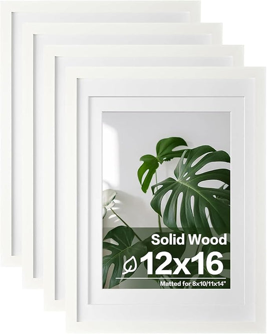 Egofine 12x16 Picture Frames 4PCS Covered by Plexiglass, Made of Solid Wood, Display Pictures 9x12/11x14 with Mat or 12x16 Without Mat for Wall Mounting, White with Texture