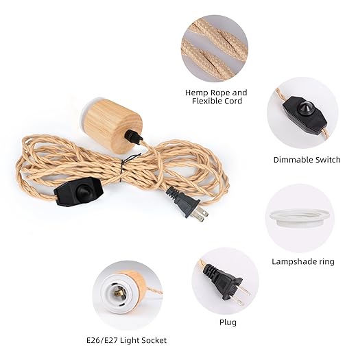 Arturesthome 16.4FT- Wood Pendant Light Cord Kit with Dimmable Switch,Vintage Industrial Hanging Plug in Lamp Cord with Twisted Nylon Rope Socket E26 E27 for Farmhouse Lamp Cable Retro DIY