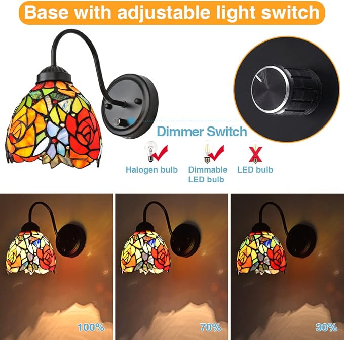 Tiffany Bedside Wall Mount Lamp with Dimmable Switch, Industrial Vintage Gooseneck Wall Sconce with Plug in Cord, Rose Stained Glass Shade Wall Light Perfect for Bedroom, Living Room and Hotel