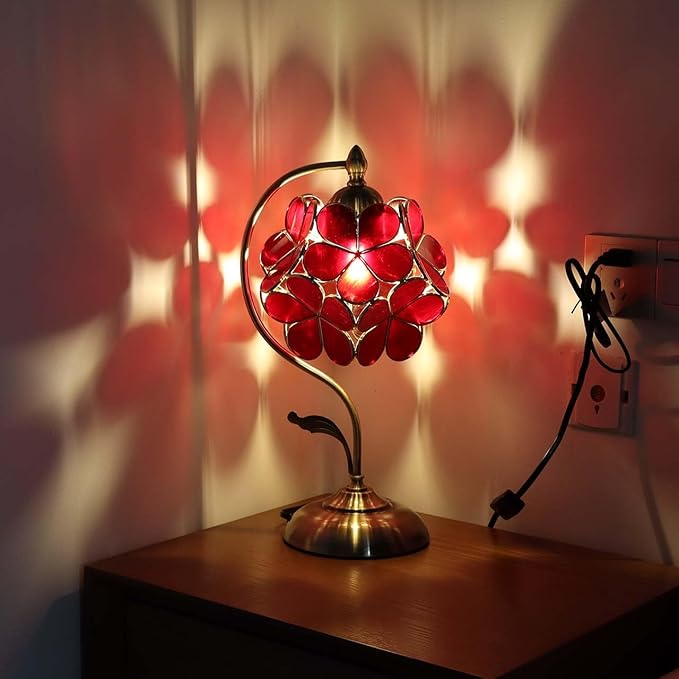 Bieye Tiffany Style Stained Glass Flower Petal Lampshade (Deep Red, 8" Cherry Blossom)