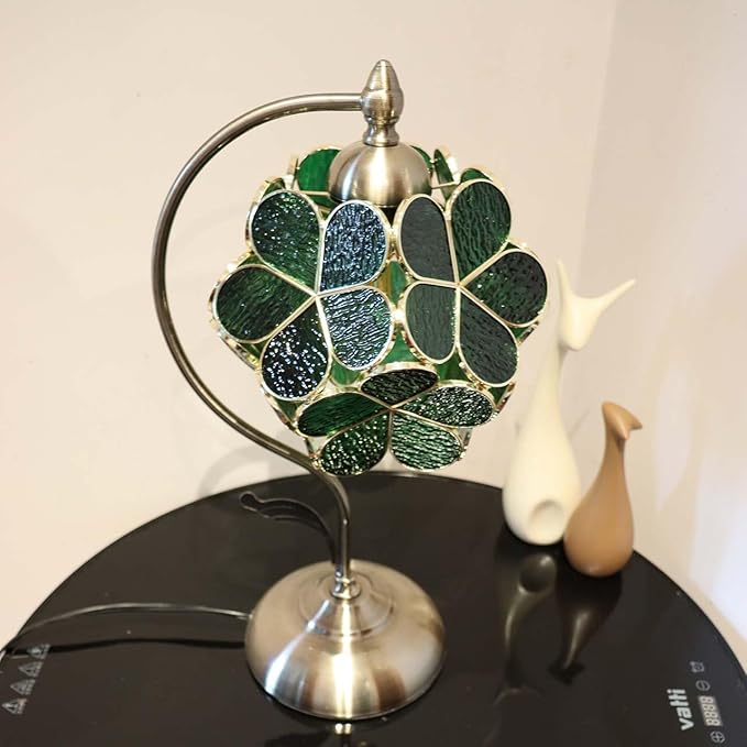 Bieye Tiffany Style Stained Glass Flower Petal Lampshade (Textured Deep Green, 8" Cherry Blossom)
