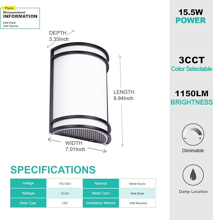 Indoor Wall Sconce, Half Cylinder Wall Light Fixture, 3000K 4000K 5000K Color Temperature Adjustable, Dimmable LED Modern Wall Light for Hallway Bedroom Living Room, Matt Black