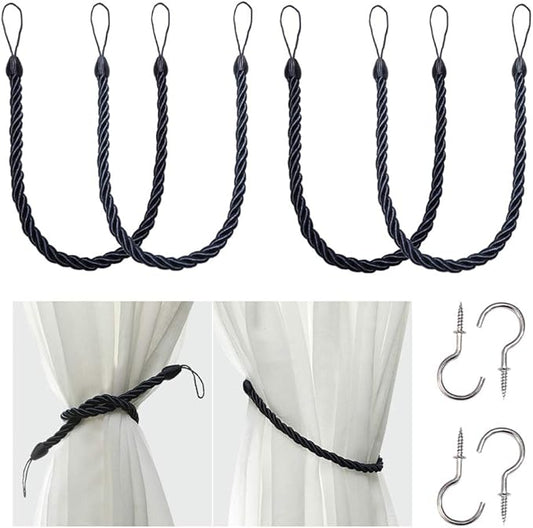 BEL AVENIR Curtain Rope Tiebacks, Drapery Rope Holdbacks with 4 Metal Screw Hooks (Navy, 4pack)