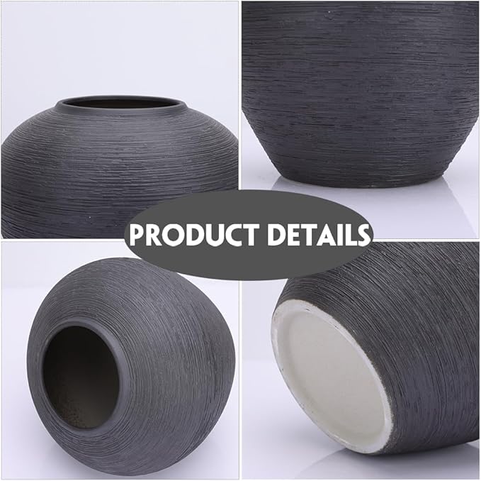 Rustic Black Ceramic Vase with Textured Finish, Large Round Terracotta Vases for Farmhouse Home Decoration, Wide Mouth Vintage Pottery Vases for Living Room, Kitchen, Table Centerpieces