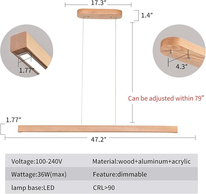 Wooden Linear Pendant Light 47" LED Pendant Light Dimmable Pool Table Island Lights Modern Linear Chandeliers for Dining Room Kitchen Ceiling Pendant Lamp for Dining Room Billiard Room Natural