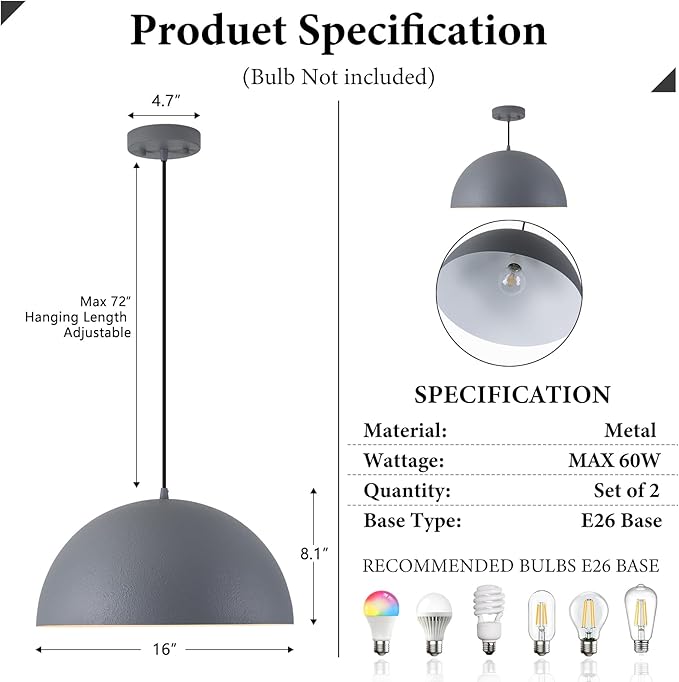 Industrial Pendant Lights Kitchen Island, 16 Inch Grey and White Metal Dome Pendant Light Fixtures, Farmhouse Hanging Light Fixture for Dining Room Restaurant Foyer Cafe, 2 Pack