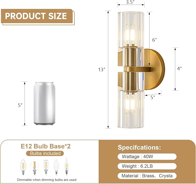 Crystal Wall Sconces, 13" Modern Brass Sconces Lighting with K9 Crystal Lampshade,Indoor Wall Sconce Bedroom Wall Light Fixtures for Living Room Bathroom Hallway Stairs Entryway